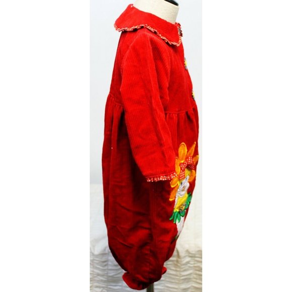 Vtg 1990s Kidzcloz Red Corduroy 1-pc Bubble Jumpsuit Flowers Little Girl Sz 18M - Picture 7 of 12